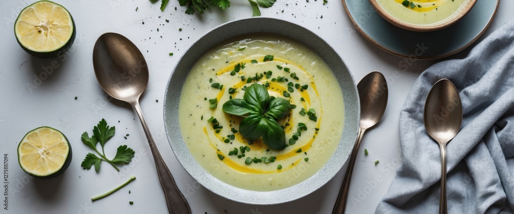 Poster creamy zucchini soup garnished with fresh herbs and lime slices on a light table with empty space fo