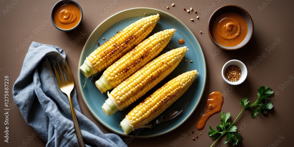 Aufkleber grilled corn cobs with sauce on plate served with garnishes and fork on brown table with copy space 
