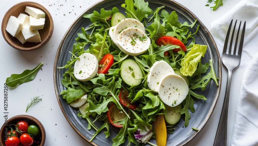 Poster fresh arugula salad topped with mozzarella slices cherry tomatoes and cucumbers served on a rustic p
