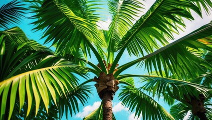 Tropical Palm Tree Canopy Against Bright Blue Sky Creating A Lush Natural Background.