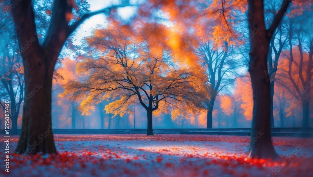Poster autumn park scene with blurred trees and vibrant leaves creating a tranquil background with space fo