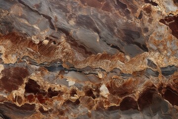 Obraz premium Close-up shot of polished brown onyx slab reveals intricate layers and textures, suitable for architectural design