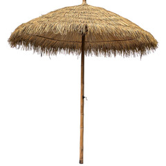 Thatched umbrella providing shade at a beach setting isolated on png transparent background, cut out