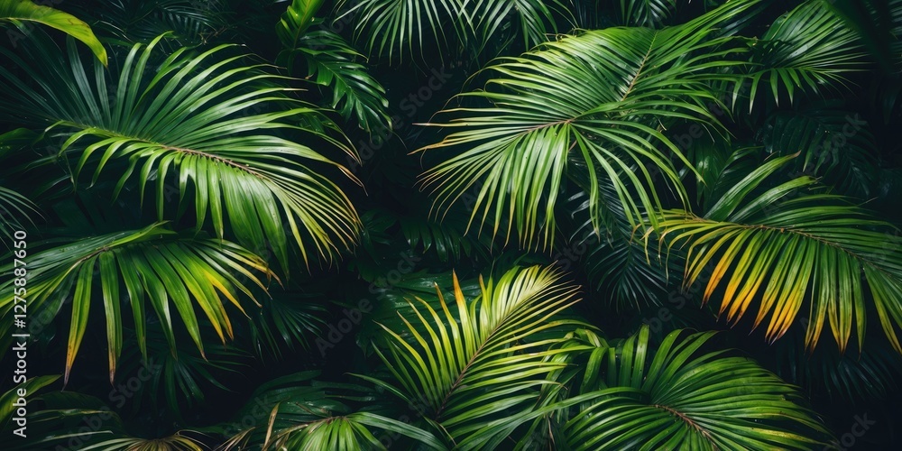 Poster lush green palm leaf texture from a tropical forest creating an inviting background with ample space