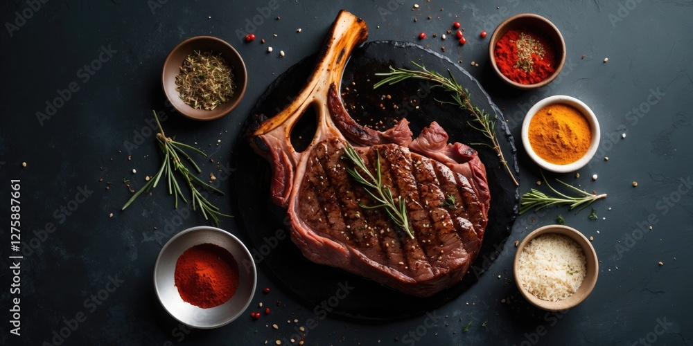Aufkleber grilled t-bone steak surrounded by an array of spices and herbs top view with blank space for text i