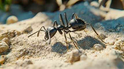 Ants foraging on sandy ground in natural habitat close-up view showcasing insect behavior and environment