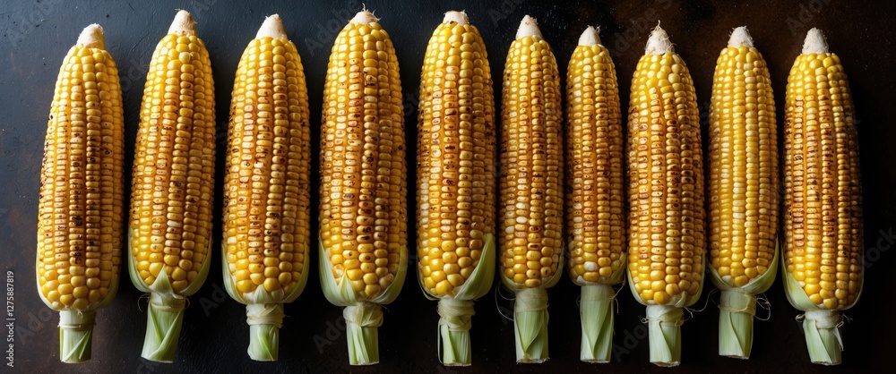 Poster grilled corn on the cob freshly cooked with space for text and copy in a rustic kitchen setting