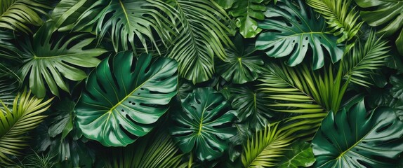 Lush Tropical Foliage Background with Diverse Exotic Leaves for Summer Nature Aesthetics and Design Projects