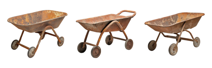 Vintage Rusty Wheelbarrows on Isolated White  Isolated on transparent background