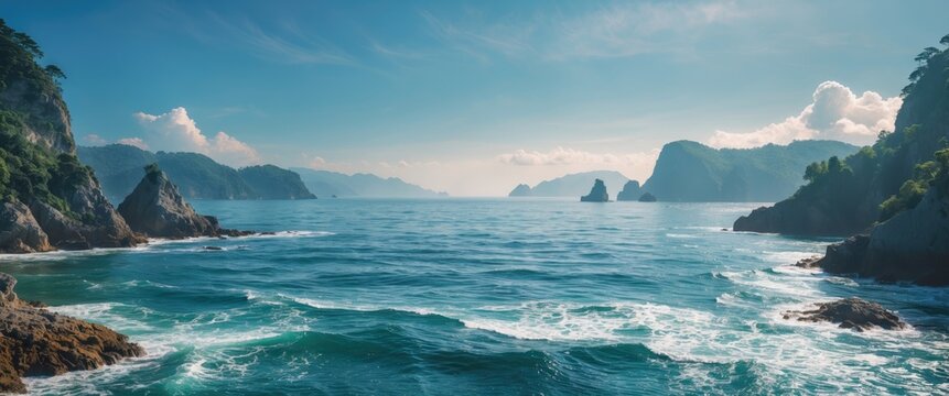 Serene Coastal Landscape with Calm Waters and Lush Green Cliffs Ideal for Text Overlays and Creative Projects - Powered by Adobe