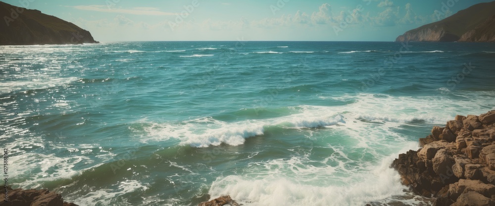 Poster tranquil summer ocean scene with waves crashing on rocky shore, featuring ample empty space for text
