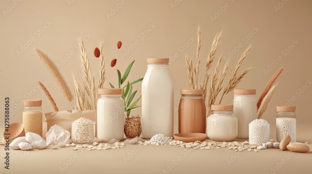 Poster a serene display of various milk types and grains arranged aesthetically on a neutral background