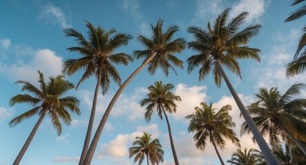 Tropical Palm Trees Silhouetted Against a Bright Blue Sky with Fluffy Clouds in a Relaxing Beach Landscape