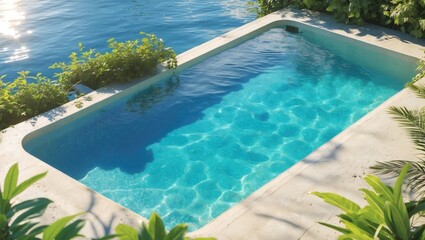 Obraz premium Crystal Clear Swimming Pool Surrounded by Greenery on a Bright Summer Day Ideal for Design and Text Placement