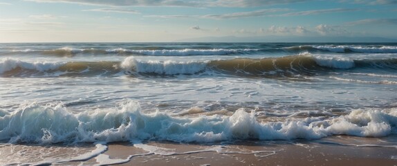 Serene Waves Gently Lapping At The Shore With Clear Sky And Spacious Area For Text Overlay