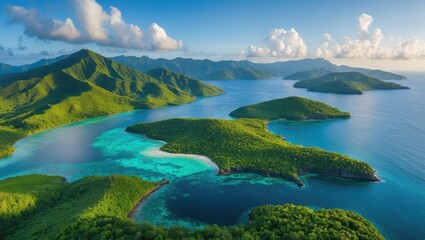Fototapeta premium Breathtaking Aerial View of Lush Green Islands Surrounded by Turquoise Waters Under Clear Blue Skies