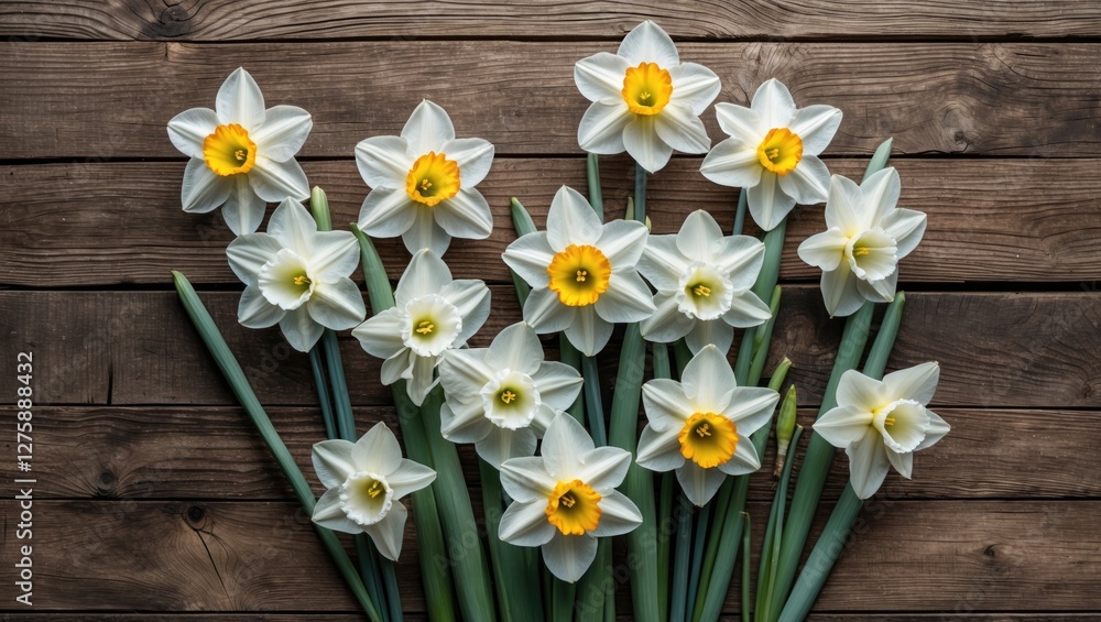 Poster daffodils on rustic wood surface with space for text in flat lay arrangement