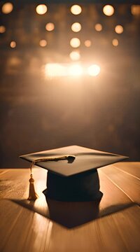 Ah siny graduation cap with a golden tassel sits proudly on a polished wooden stage, bathed in warm spotlight