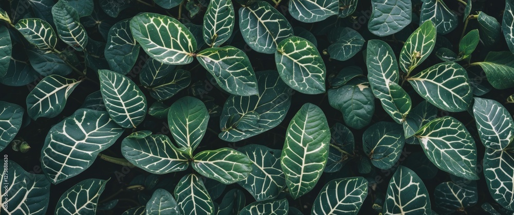 Poster lush green leaf pattern close-up showcasing intricate vein structures against a dark background with