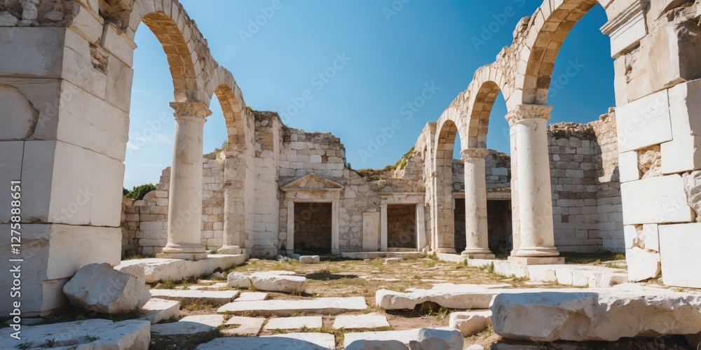 Poster ancient white stone ruins with arched columns under bright blue sky and open space for text display
