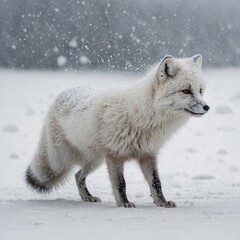Obraz premium An Arctic fox shaking off snow, creating a subtle flurry effect, isolated on white.