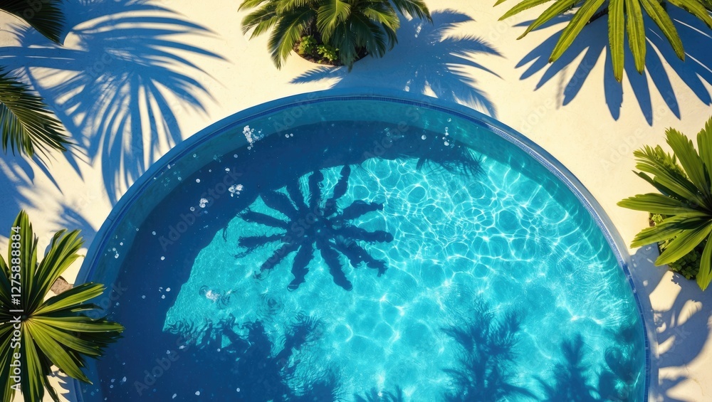 Poster aerial view of inviting swimming pool with palm shadows and water pattern ideal for summer backgroun
