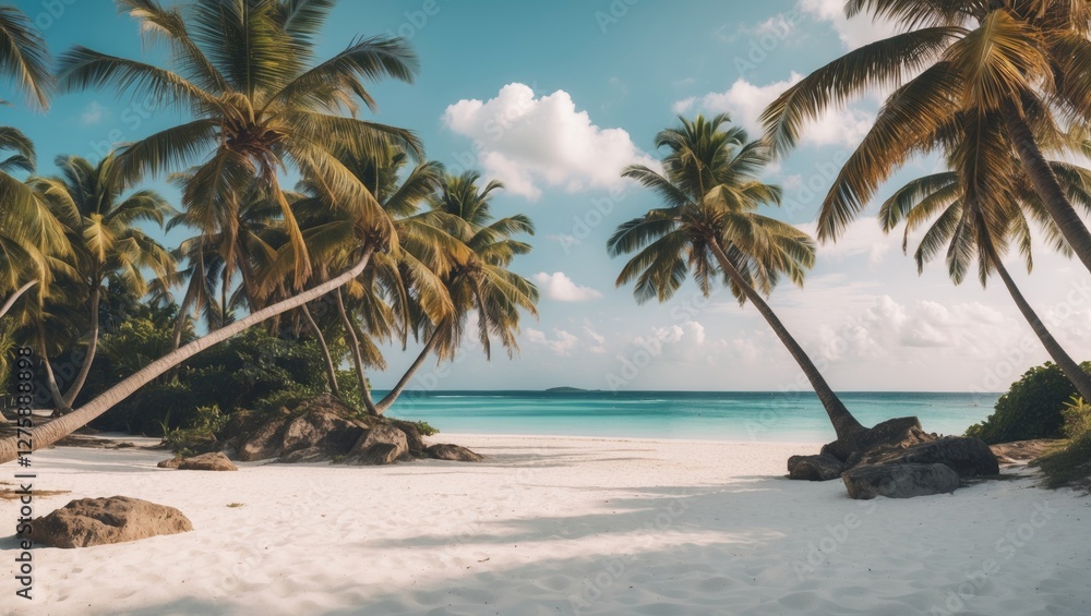 Poster tropical beach scene with white sand and swaying palm trees creating a serene summer holiday atmosph