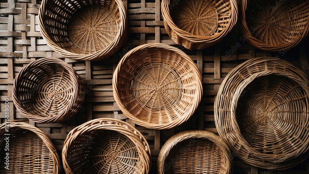 Poster vintage wicker baskets top view overlaid on weaved background natural textures and patterns in rusti