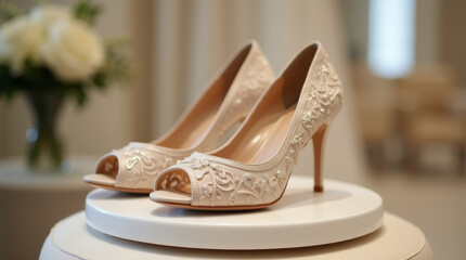 Naklejka premium Lace beige wedding shoes with high heels stand on a stand in a wedding salon