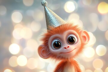 Fototapeta premium birthday postcard 3d cartoon style adorable cute little monkey in festive party hat on bright blurred bokeh background with copy space