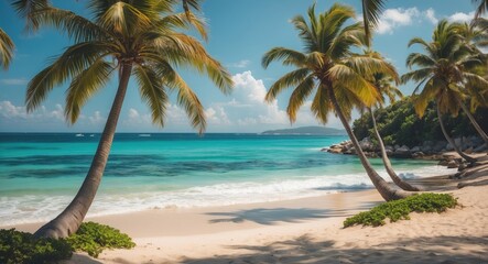 Fototapeta premium Tropical Paradise with Palm Trees on Sandy Beach Under Clear Blue Sky and Turquoise Sea Ideal for Summer Vacation Concepts
