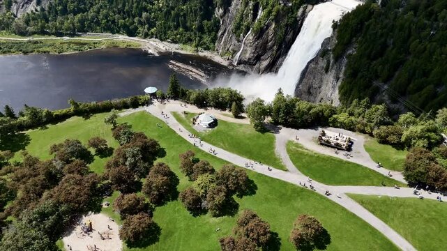 Drone flight above the Montmorency Falls, Quebec, Canada