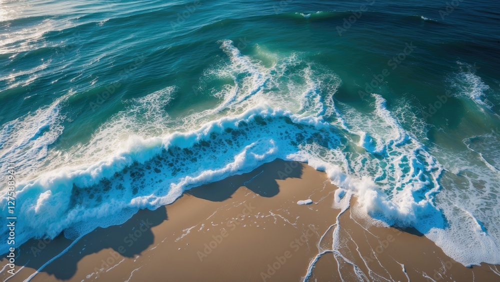 Poster aerial view of ocean waves creating white foam patterns on sandy beach showcasing tranquil seascape 