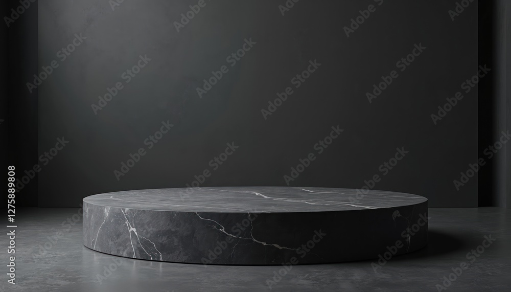 Poster sleek modern stage for product display. dark stone podium with smooth black background creates minim