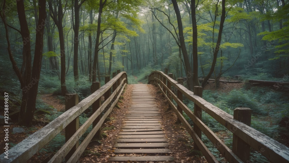 Poster tranquil forest bridge pathway surrounded by lush greenery with space for text overlay in a serene n