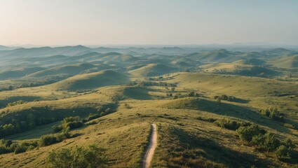 Gentle Rolling Hills in Nature Park Under Clear Sky Scenic Landscape with Hiking Path and Lush Greenery at Golden Hour.