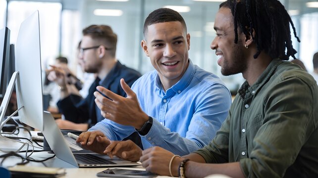 Two Diverse Businessmen Collaborate on Laptop Project Teamwork Modern Office Workplace Technology Digital Innovation Professional Discussion Creative Solutions Problem Solving Strategic Planning      