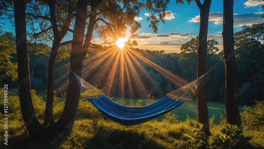 Poster sunrise illuminating hammock between trees with blue sky and vibrant rays in serene nature setting