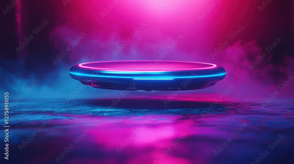 Aufkleber floating hoverboard with neon trails showcases 80s retro-futurism in dynamic design