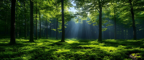 Obraz premium Sunbeams Dancing Through Emerald Forest: A Serene Nature Escape