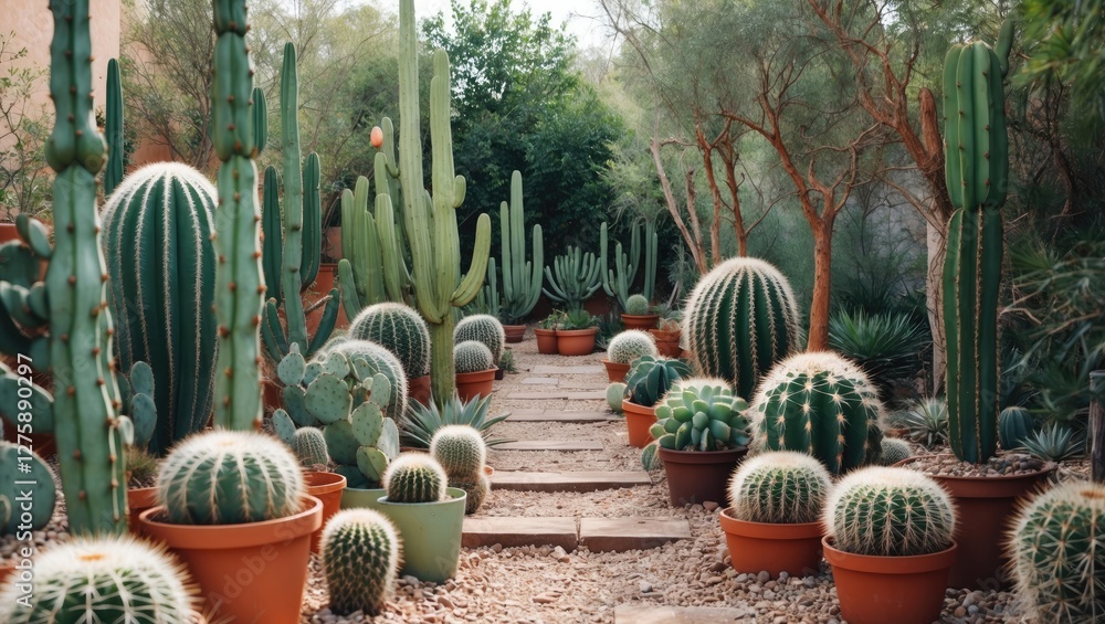 Poster vibrant cactus garden pathway lined with various cacti in pots and ample space for adding text or ca