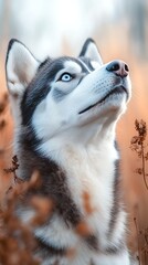 Husky gazing upwards in autumnal field