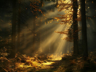 Fototapeta premium Sunbeams Dancing Through Autumn Forest: Magical Nature Photography