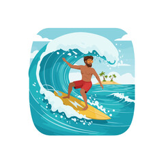 Man Surfing on Big Wave Near Tropical Island on Sunny Day