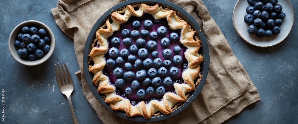Poster delicious blueberry pie on rustic table with fresh berries and fork flat lay composition featuring c