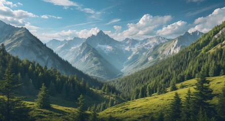 Fototapeta premium Majestic Mountain Landscape with Lush Forest and Open Space for Textual Content