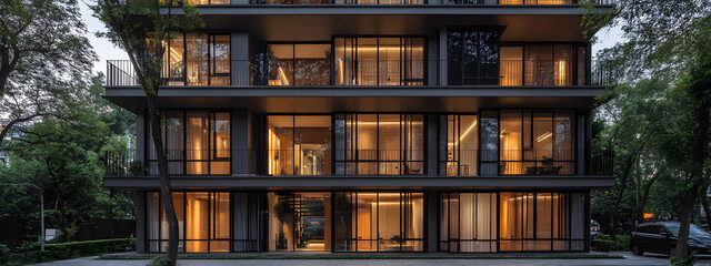 A modern office building with large windows and balconies
