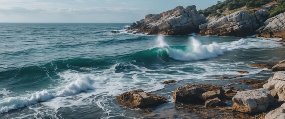 Fototapeta premium Rocky Coastal Shoreline with Surging Waves at Sea Beautiful Natural Landscape with Open Space for Text or Promotion
