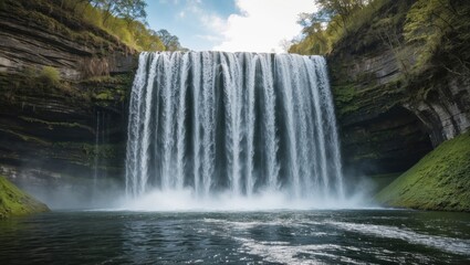 Fototapeta premium Majestic Waterfall Cascading Over Rocks with Lush Green Surroundings and Calm Waters Below for Relaxation and Outdoor Imagery