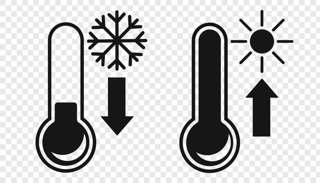 Set of vector black and white weather icons. Hot weather. Cold weather. Arrow shows temperature increase and decrease. Transparent background,